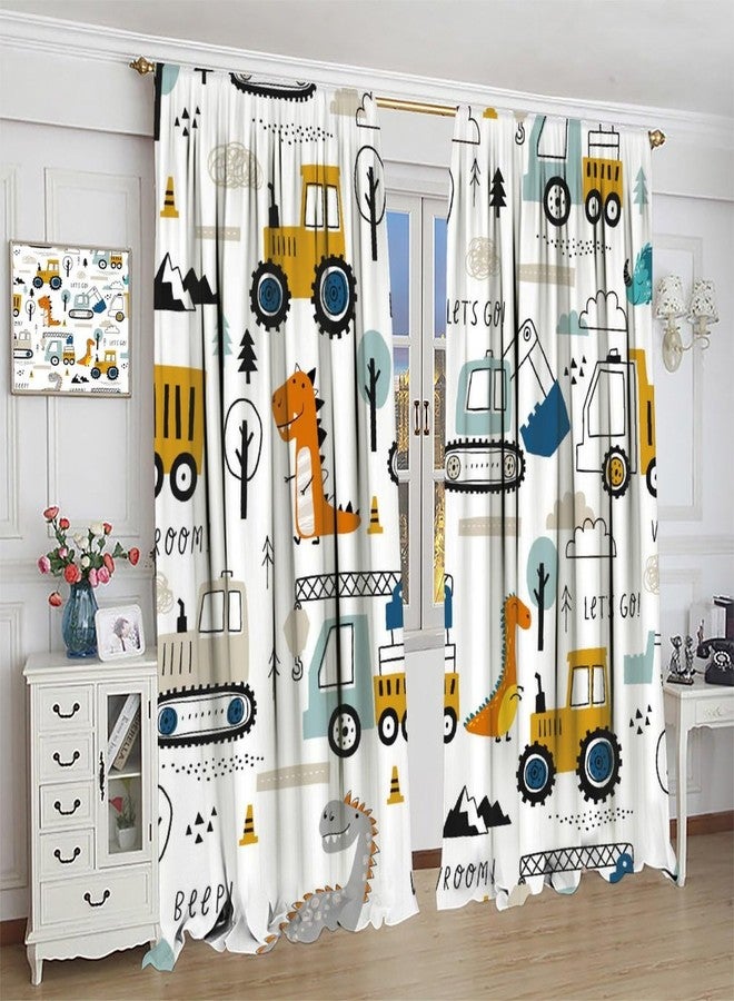 AAVEUP Kids Dinosaur Truck Curtains, Cartoon White Engineering Construction Truck Tractor Excavator Window Treatments Drapes for Boys Nursery Childcare Bedroom Bathroom 42x45in（No Blackout） - Image 4